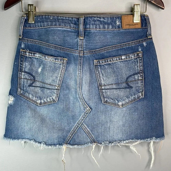 AMERICAN EAGLE Denim Mini Skirt Blue MidWash Distressed Button Fly Western 2 - Picture 6 of 11